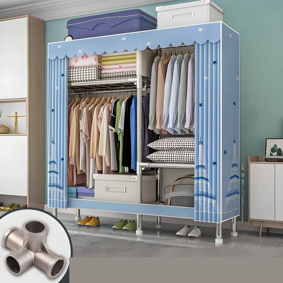 Patterned Curtain Metal Wardrobe Armoire With Multi-Zone Storage