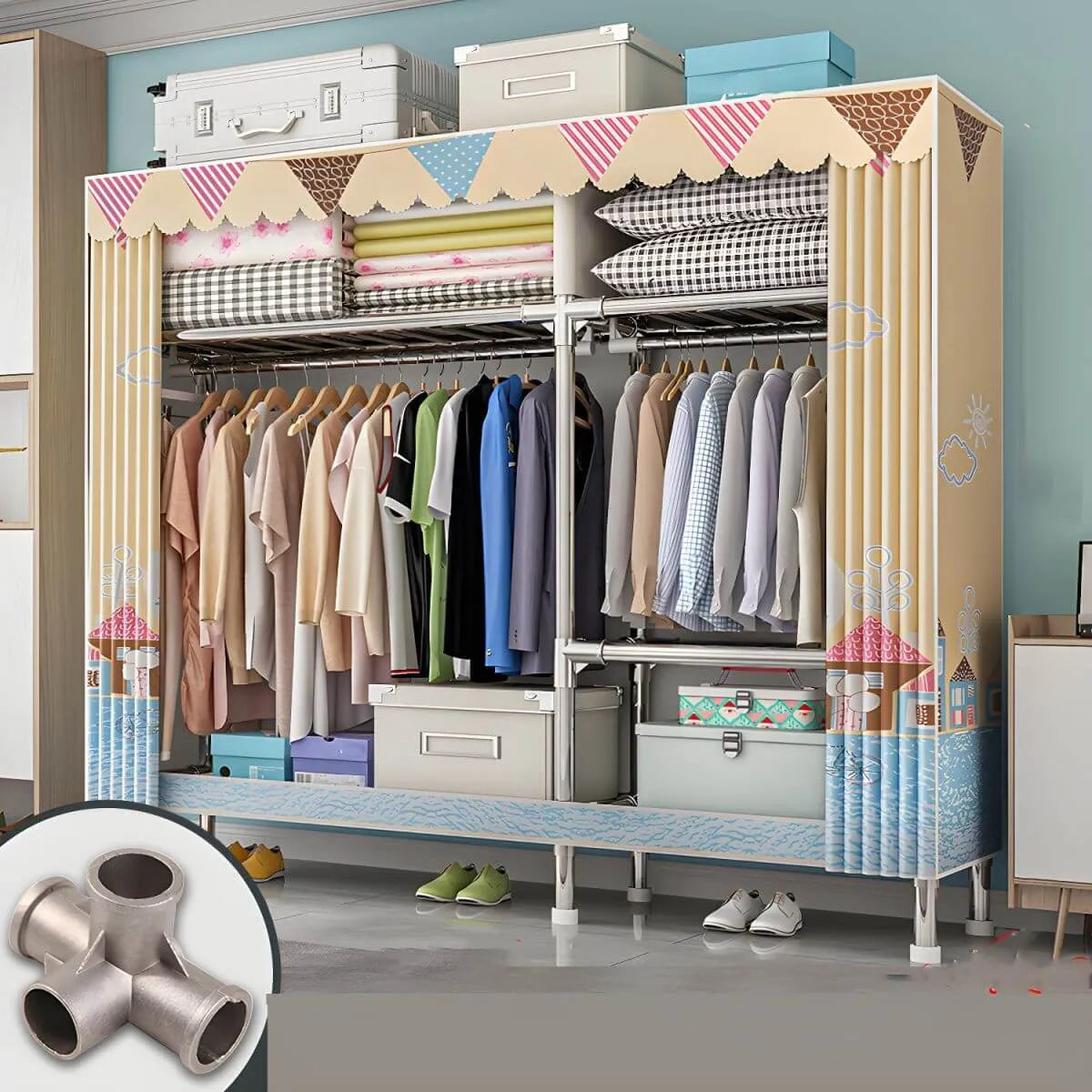 Patterned Curtain Metal Wardrobe Armoire With Multi-Zone Storage