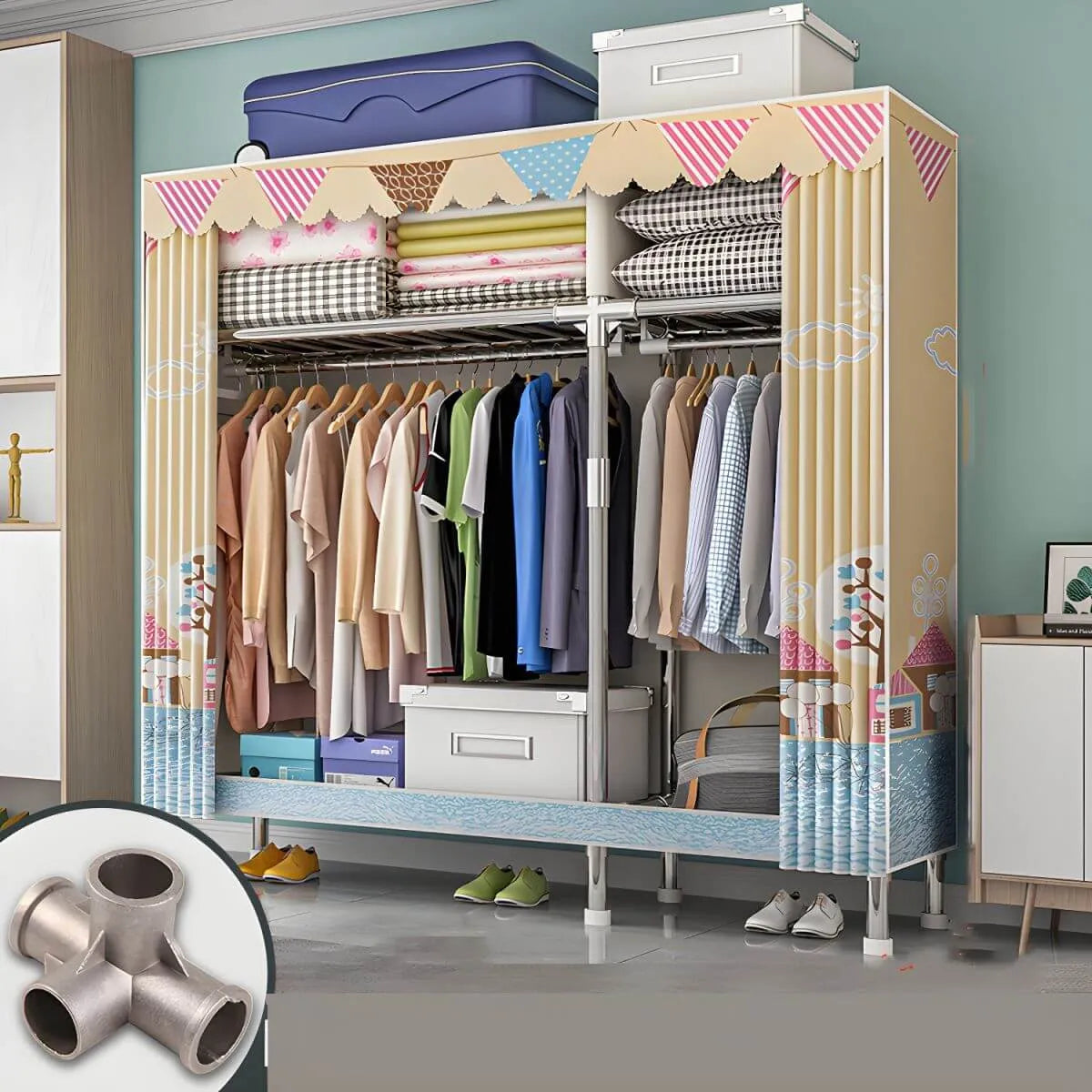 Patterned Curtain Metal Wardrobe Armoire With Multi-Zone Storage