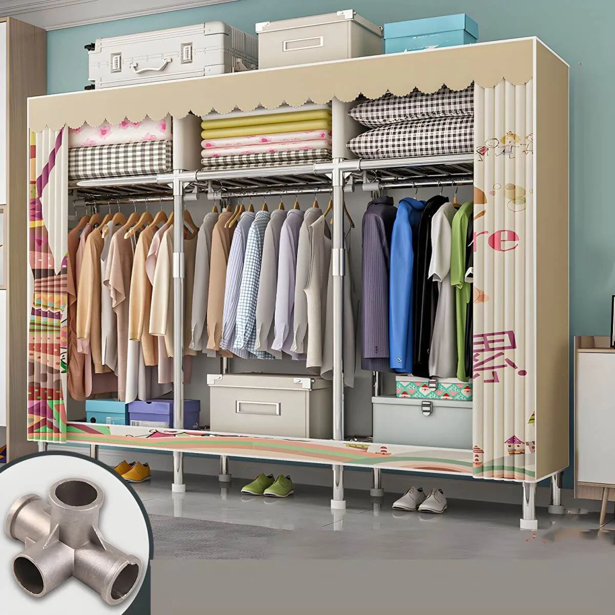 Patterned Curtain Metal Wardrobe Armoire With Multi-Zone Storage