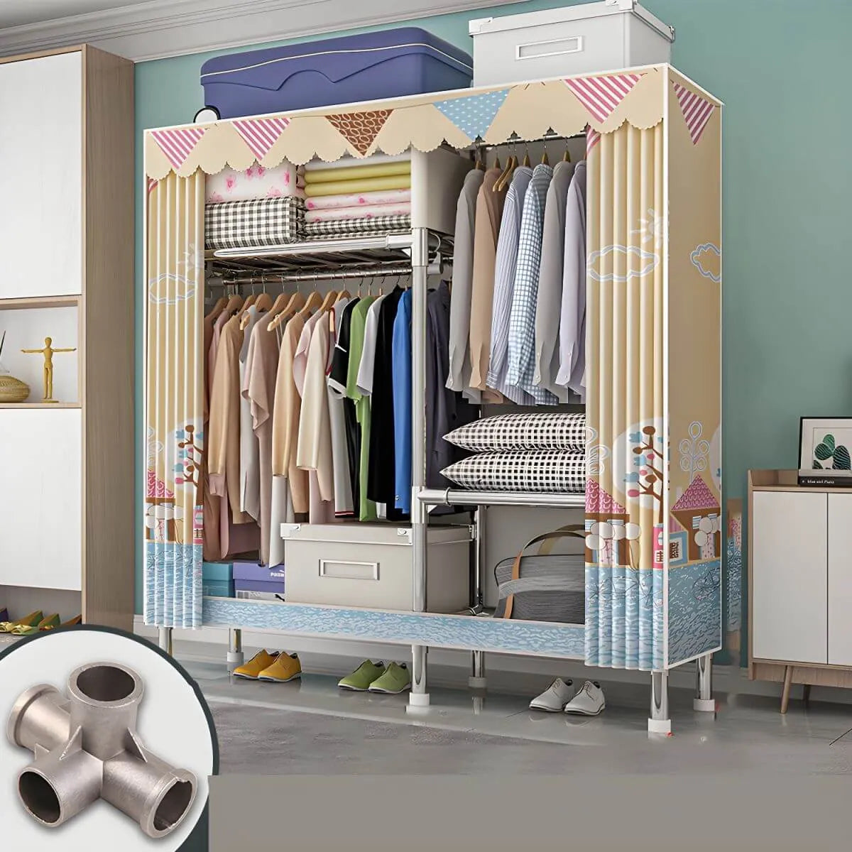 Patterned Curtain Metal Wardrobe Armoire With Multi-Zone Storage