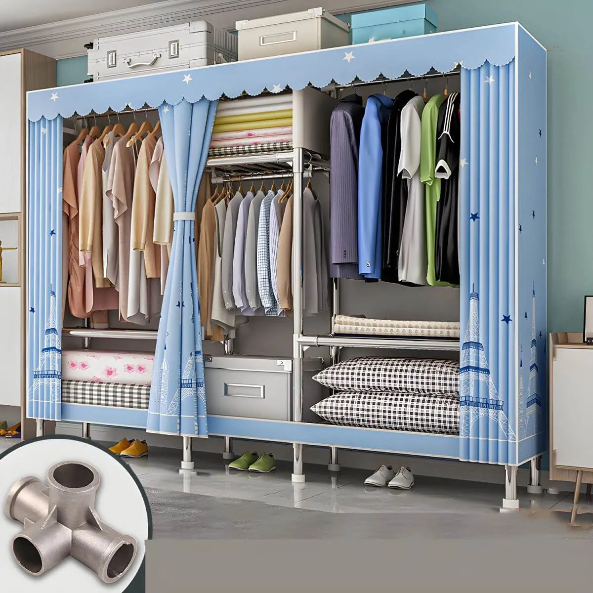 Patterned Curtain Metal Wardrobe Armoire With Multi-Zone Storage