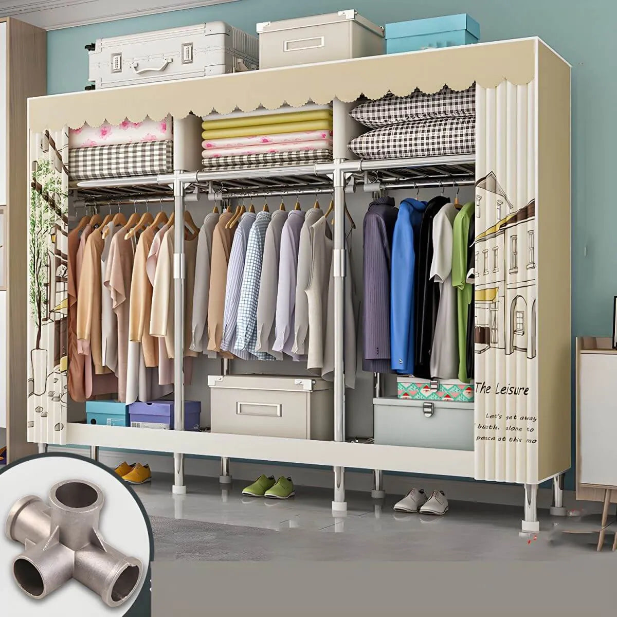 Patterned Curtain Metal Wardrobe Armoire With Multi-Zone Storage