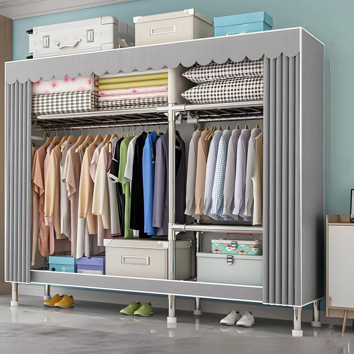 Patterned Curtain Metal Wardrobe Armoire With Multi-Zone Storage