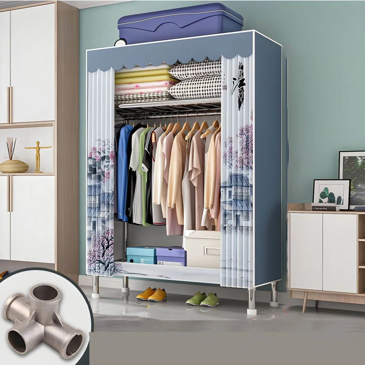 Patterned Curtain Metal Wardrobe Armoire With Multi-Zone Storage