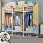 Patterned Curtain Metal Wardrobe Armoire With Multi-Zone Storage