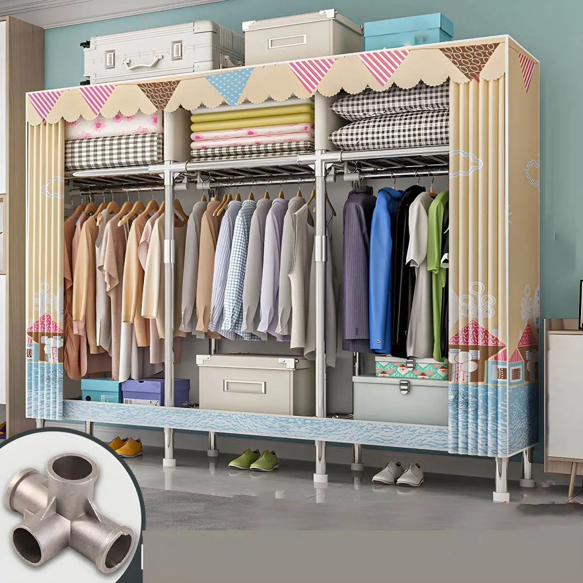 Patterned Curtain Metal Wardrobe Armoire With Multi-Zone Storage