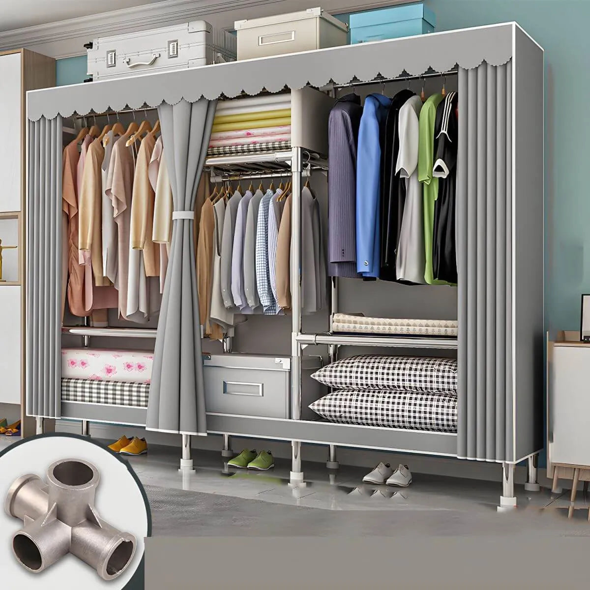 Patterned Curtain Metal Wardrobe Armoire With Multi-Zone Storage