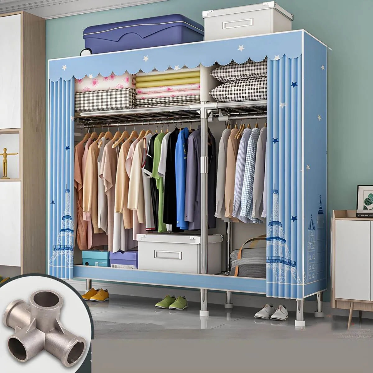 Patterned Curtain Metal Wardrobe Armoire With Multi-Zone Storage