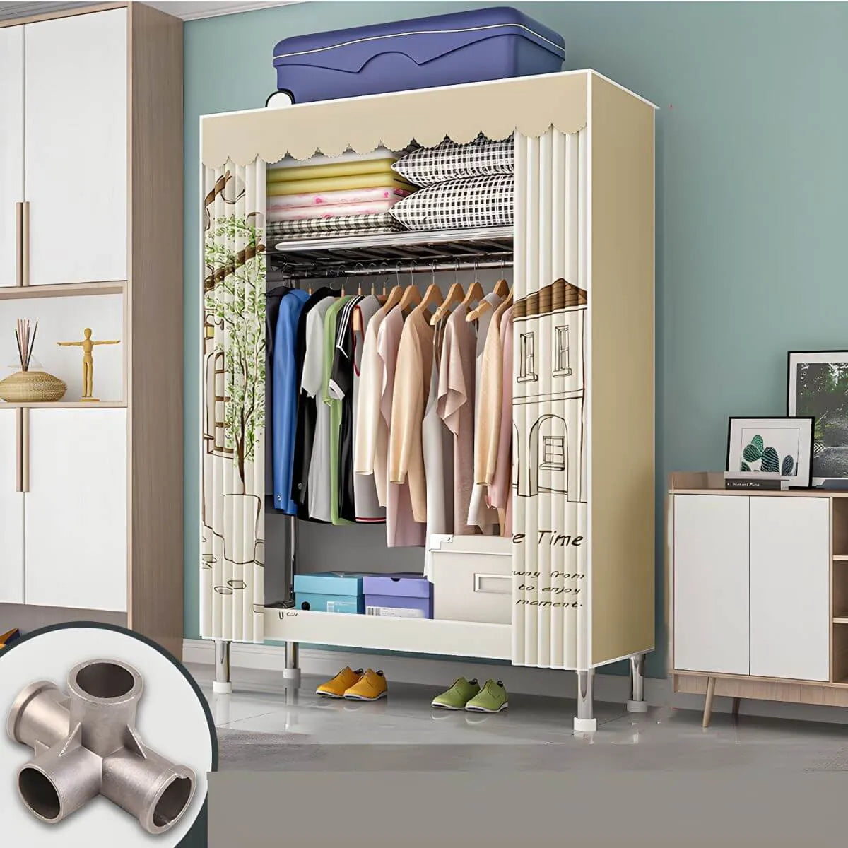 Patterned Curtain Metal Wardrobe Armoire With Multi-Zone Storage