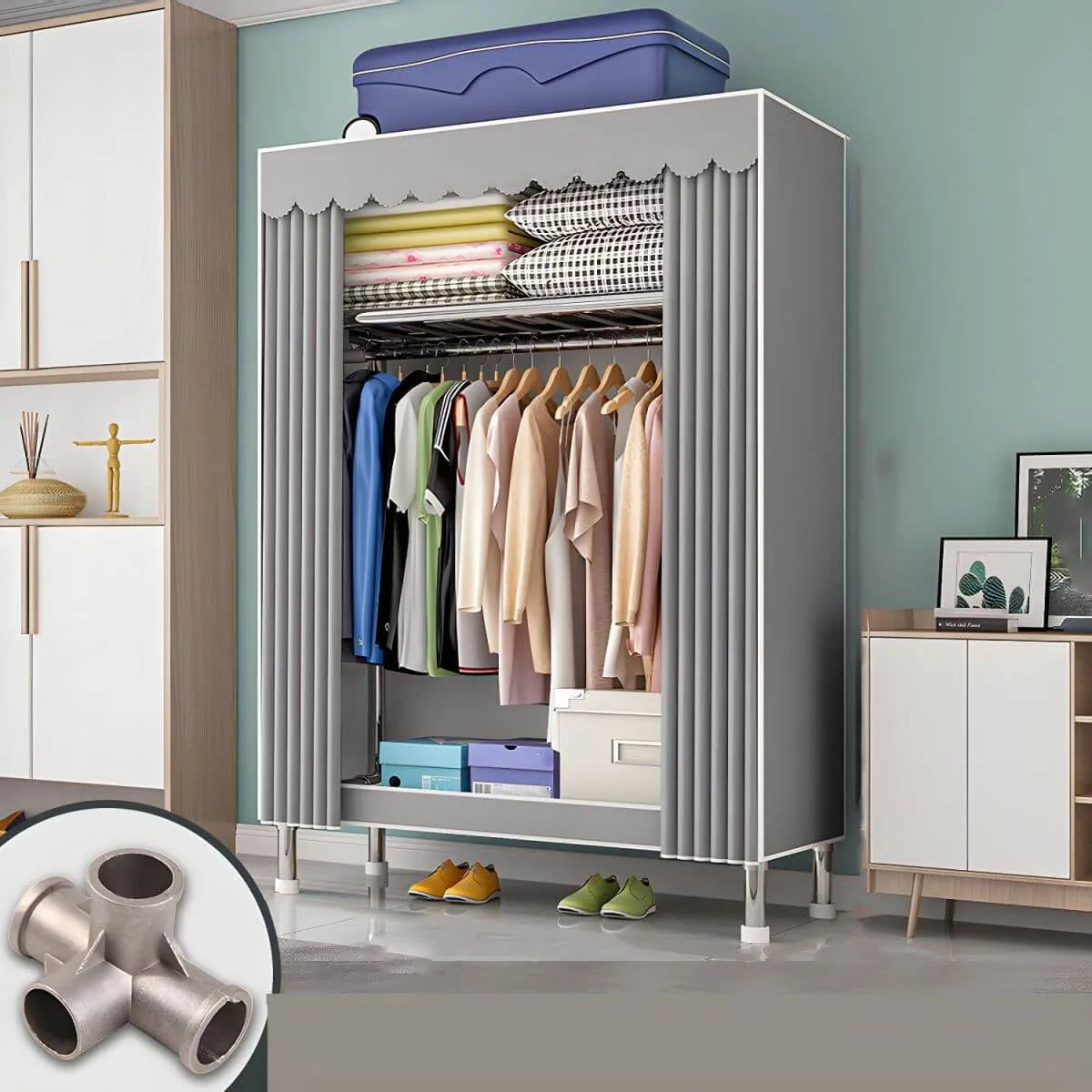 Patterned Curtain Metal Wardrobe Armoire With Multi-Zone Storage