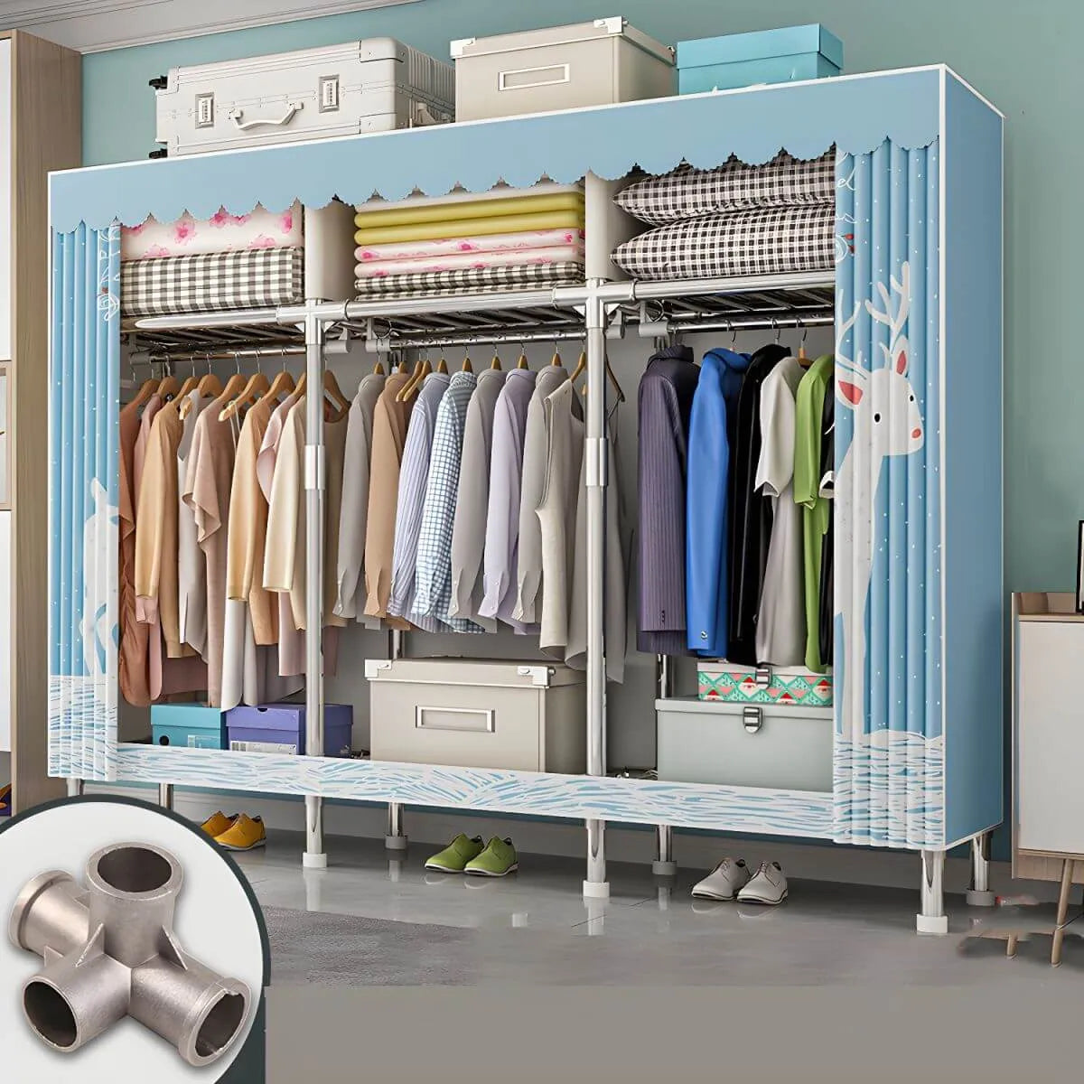 Patterned Curtain Metal Wardrobe Armoire With Multi-Zone Storage