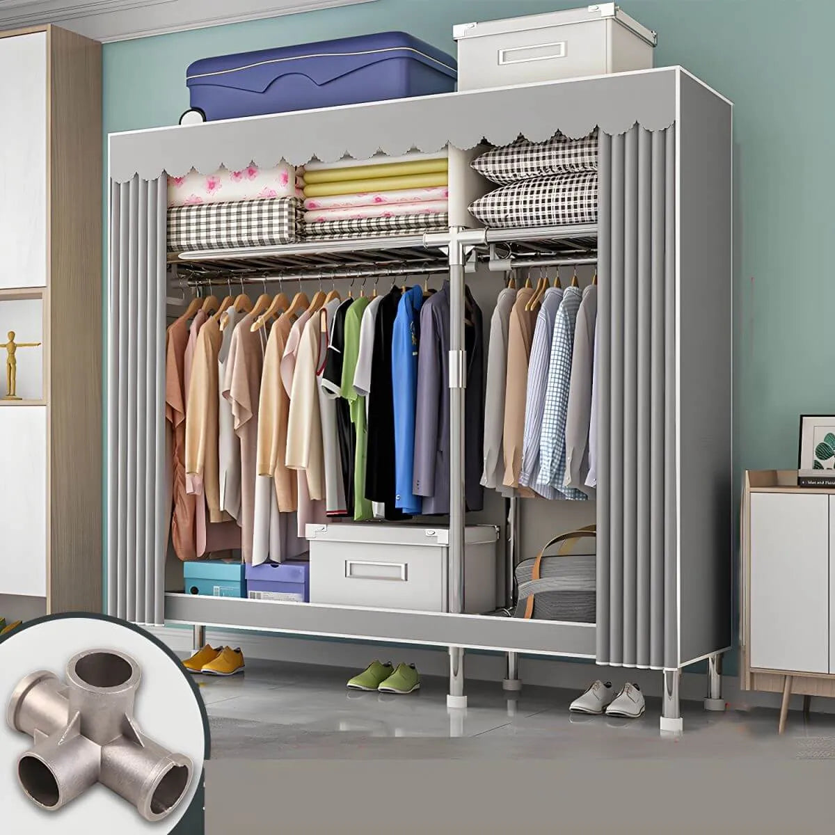 Patterned Curtain Metal Wardrobe Armoire With Multi-Zone Storage