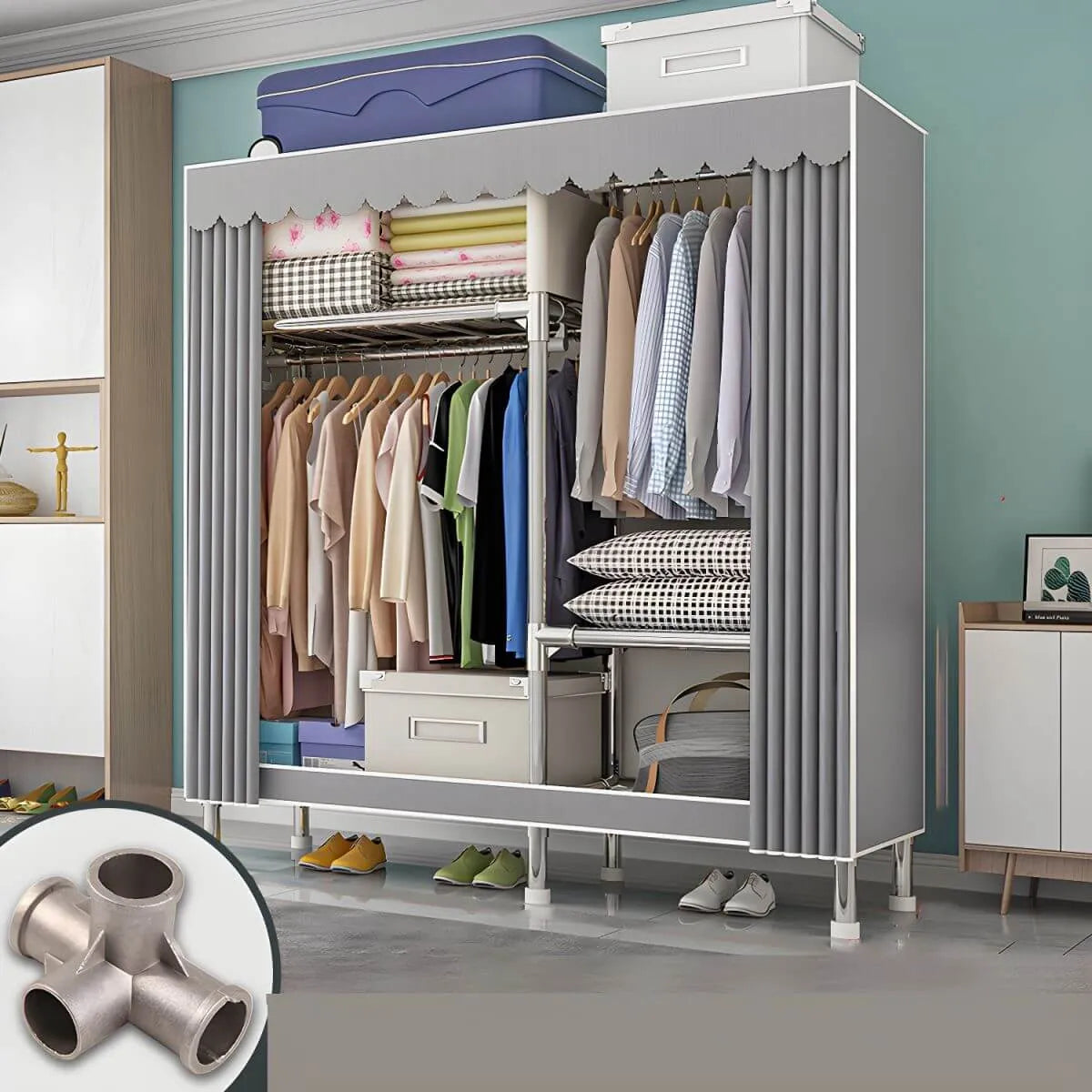 Patterned Curtain Metal Wardrobe Armoire With Multi-Zone Storage