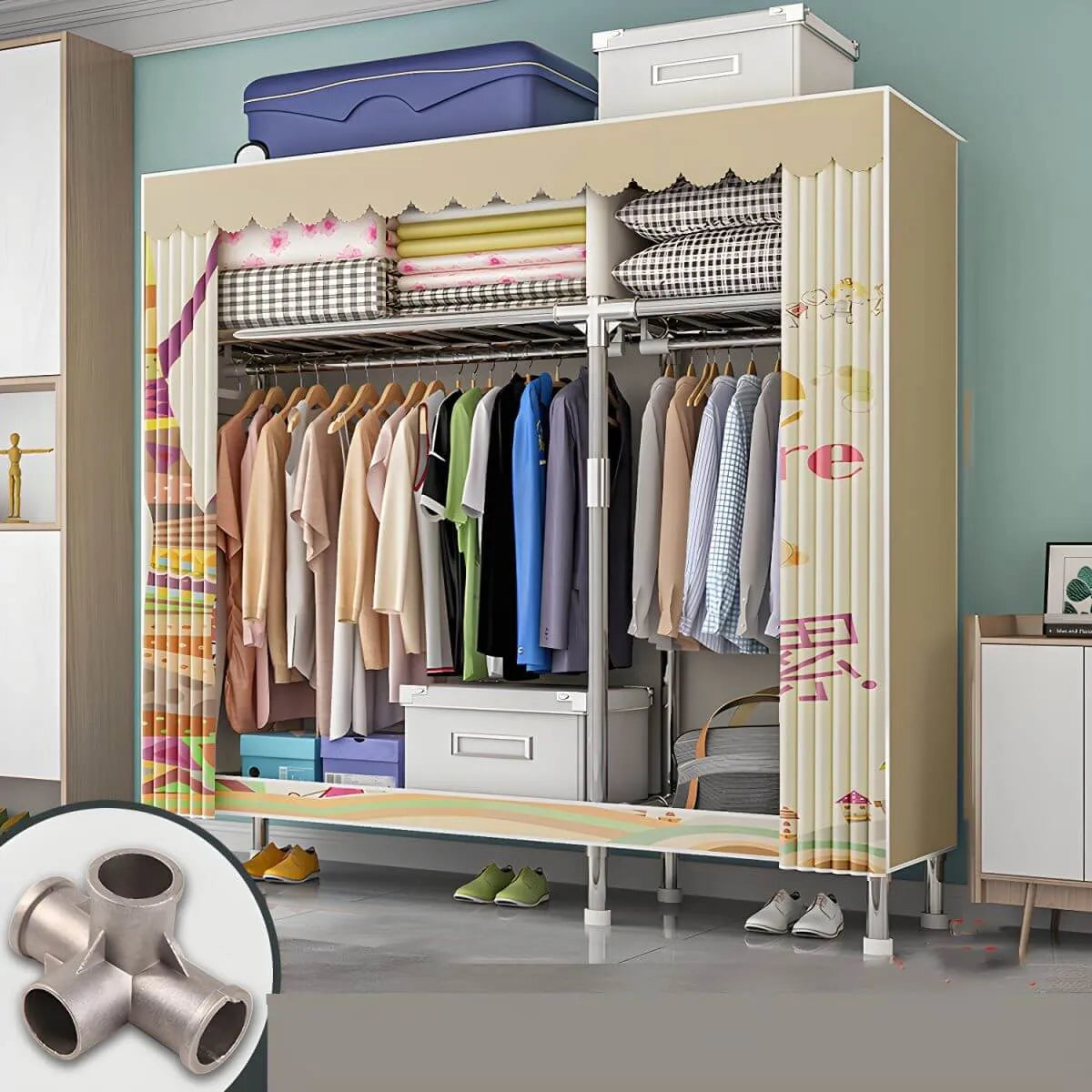 Patterned Curtain Metal Wardrobe Armoire With Multi-Zone Storage