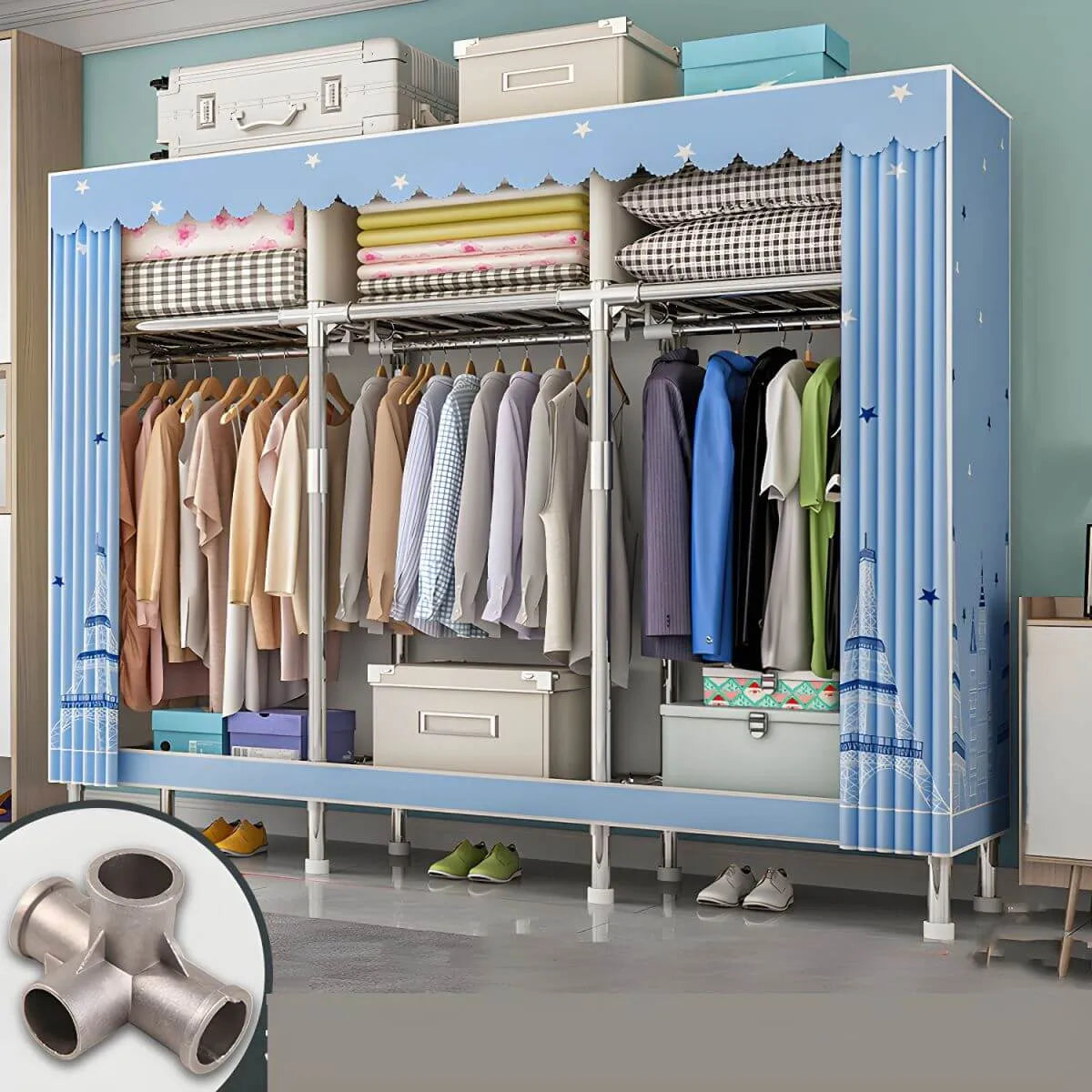 Patterned Curtain Metal Wardrobe Armoire With Multi-Zone Storage