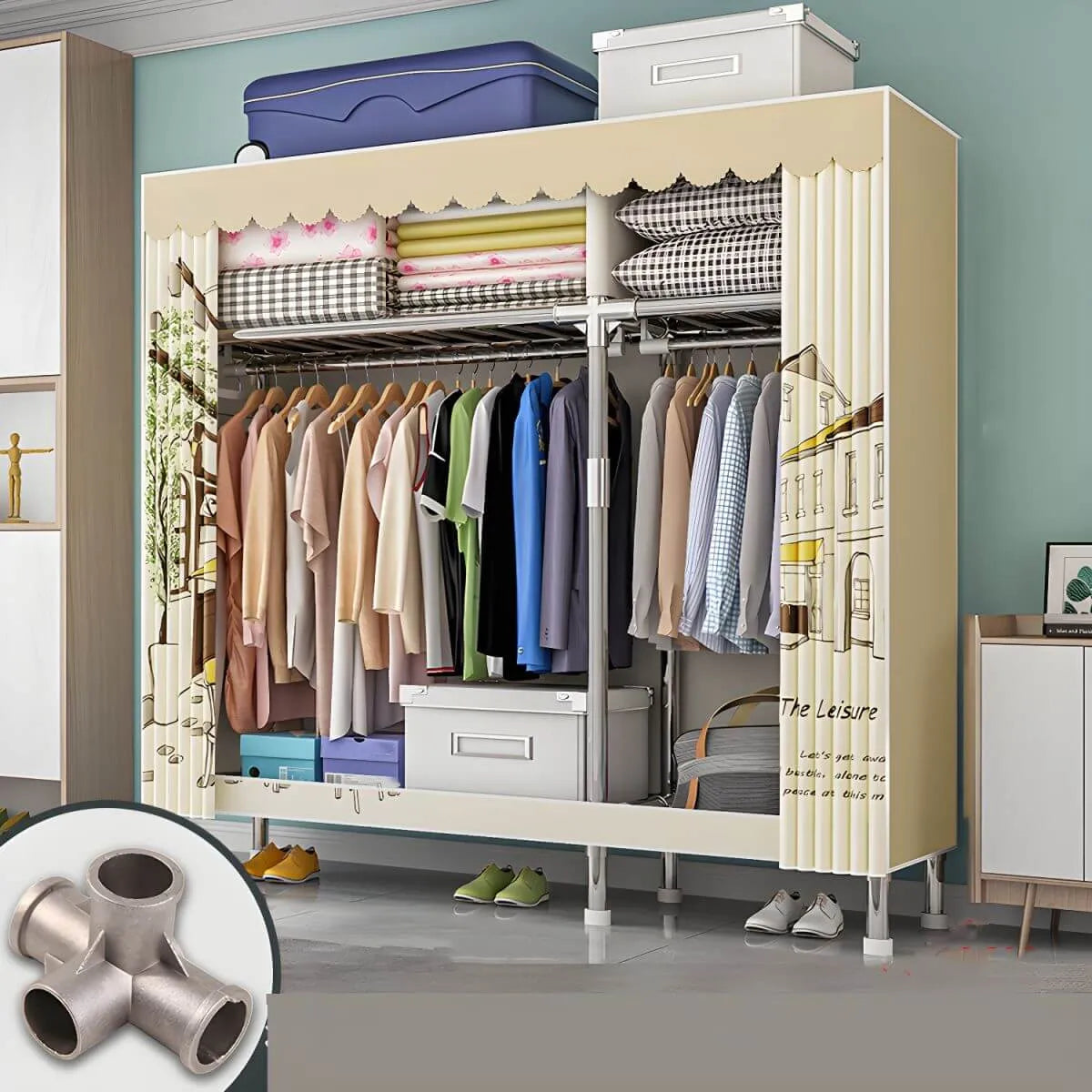 Patterned Curtain Metal Wardrobe Armoire With Multi-Zone Storage