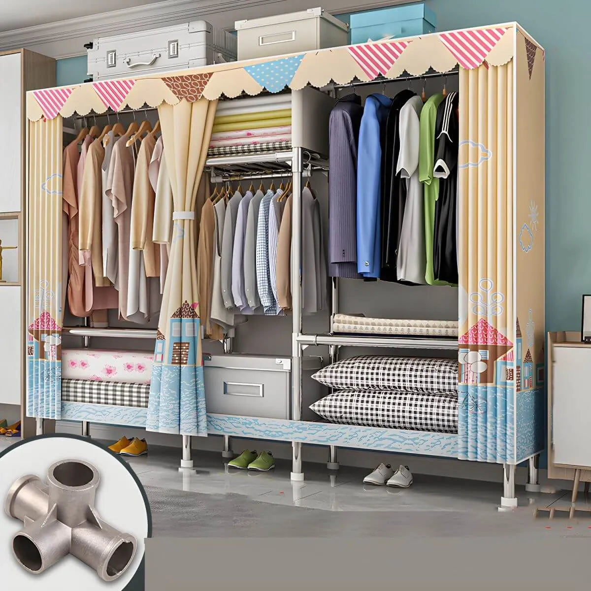 Patterned Curtain Metal Wardrobe Armoire With Multi-Zone Storage