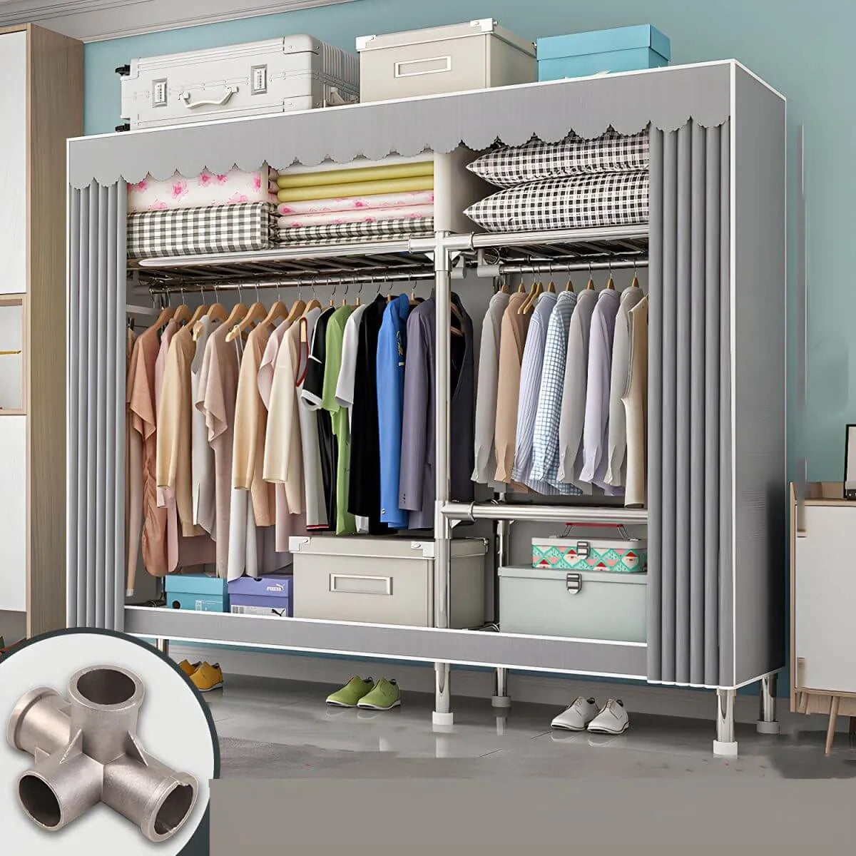 Patterned Curtain Metal Wardrobe Armoire With Multi-Zone Storage