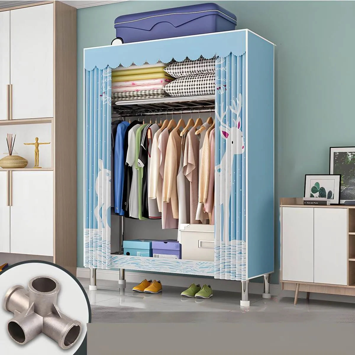 Patterned Curtain Metal Wardrobe Armoire With Multi-Zone Storage