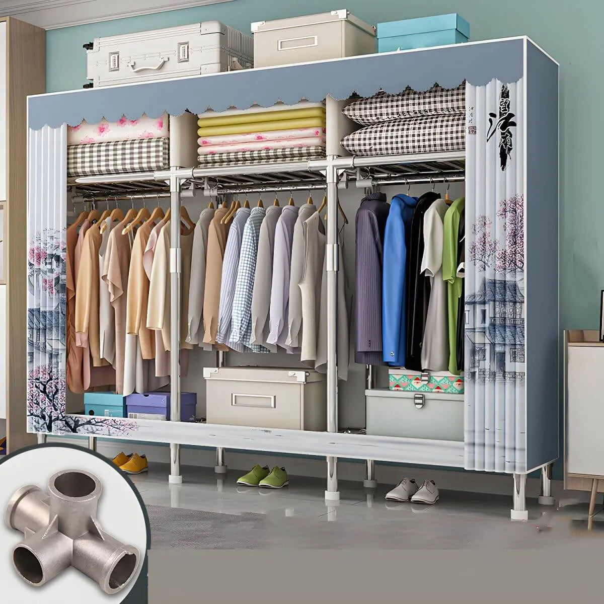 Patterned Curtain Metal Wardrobe Armoire With Multi-Zone Storage