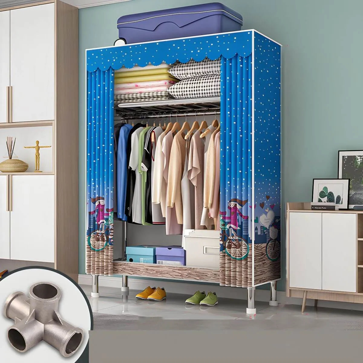 Patterned Curtain Metal Wardrobe Armoire With Multi-Zone Storage