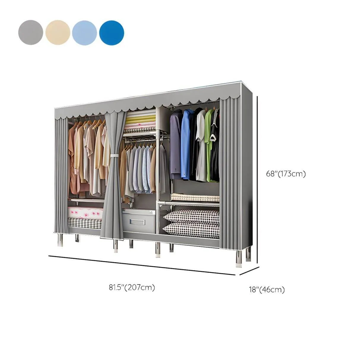 Patterned Curtain Metal Wardrobe Armoire With Multi-Zone Storage Dimensions