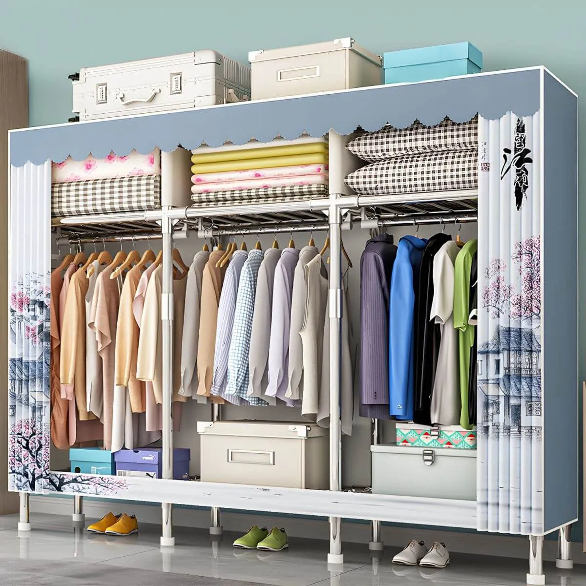 Patterned Curtain Metal Wardrobe Armoire With Multi-Zone Storage Main Product Image