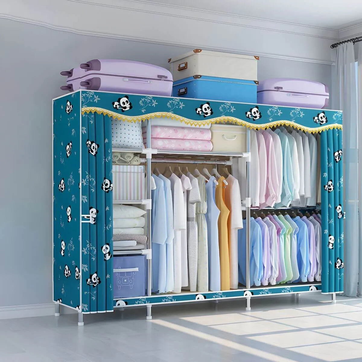 Patterned Fabric Cover Metal Wardrobe Armoire With Hanging Storage