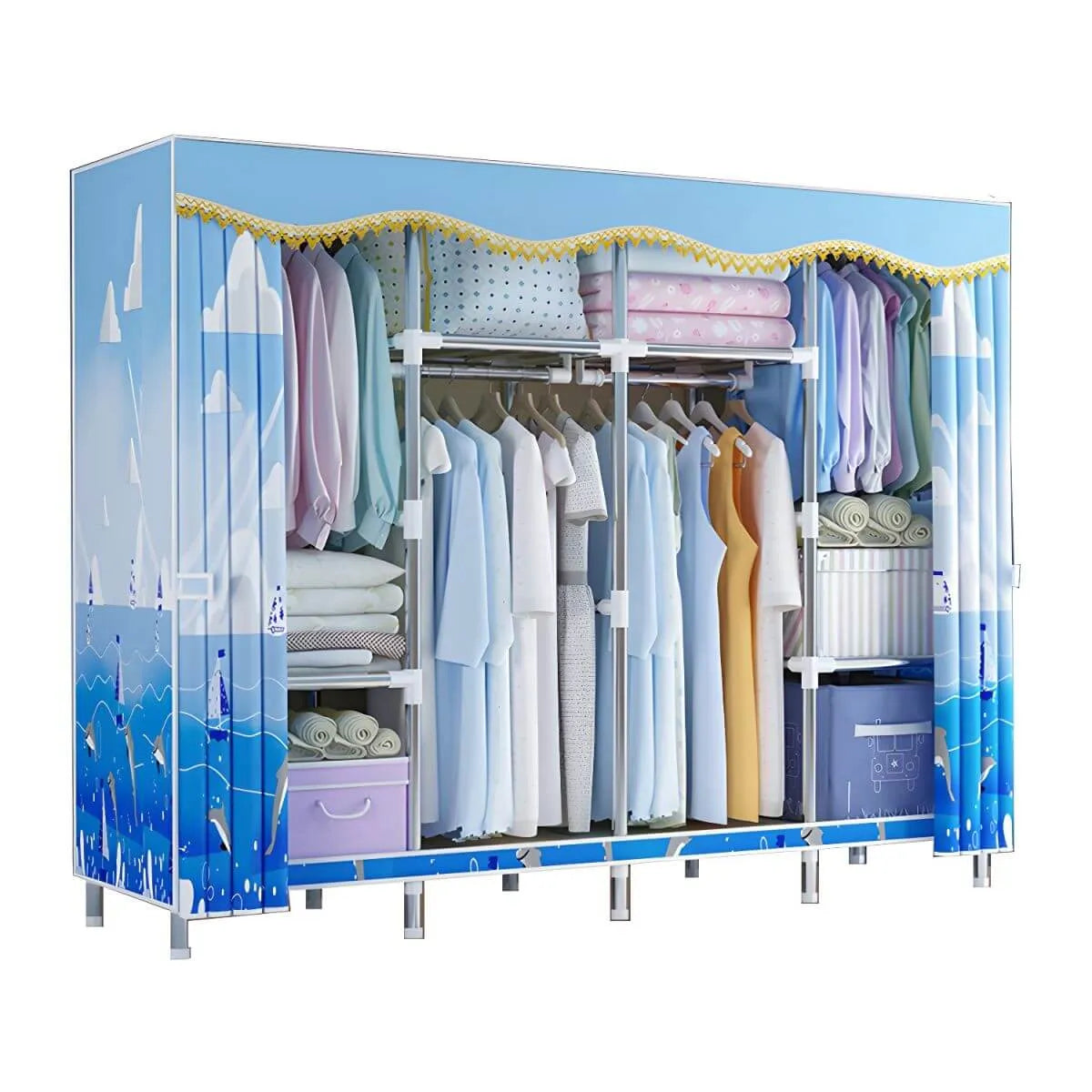Patterned Fabric Cover Metal Wardrobe Armoire With Hanging Storage