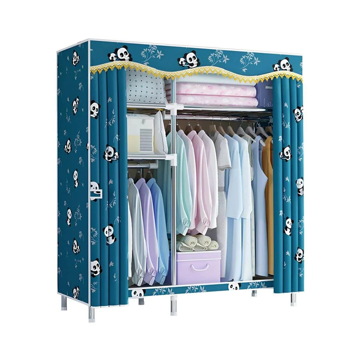 Patterned Fabric Cover Metal Wardrobe Armoire With Hanging Storage