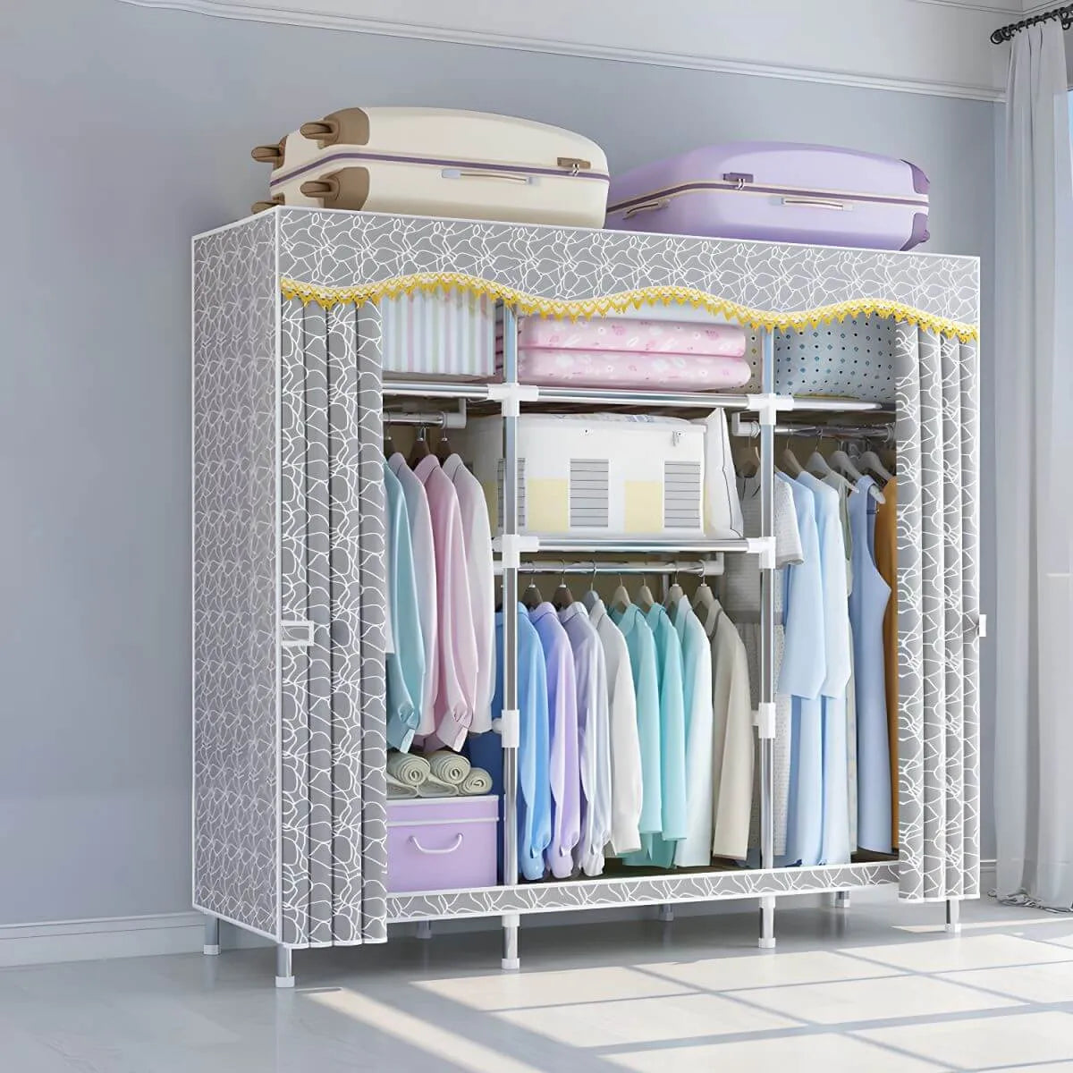 Patterned Fabric Cover Metal Wardrobe Armoire With Hanging Storage