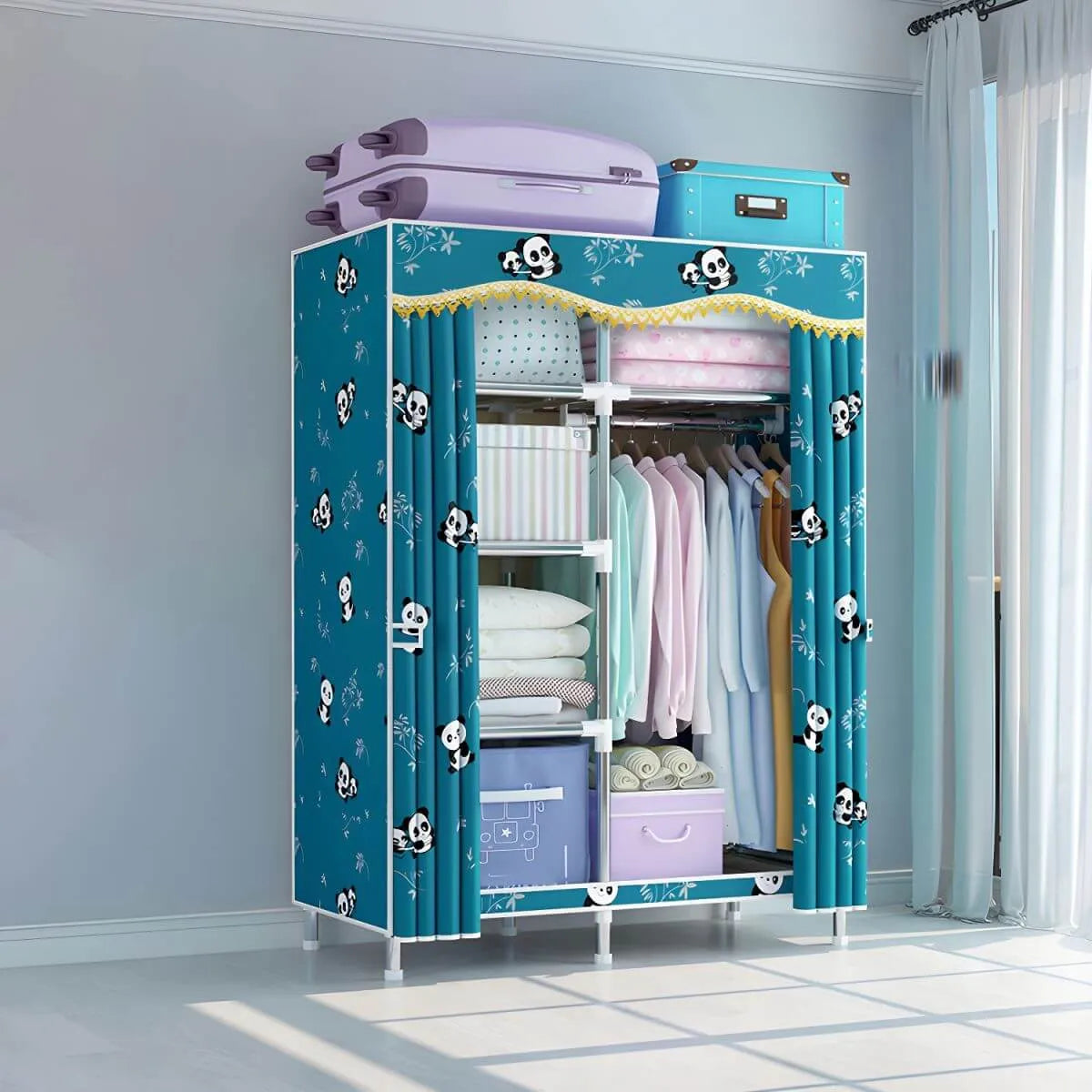 Patterned Fabric Cover Metal Wardrobe Armoire With Hanging Storage