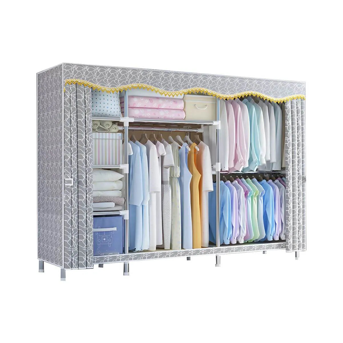 Patterned Fabric Cover Metal Wardrobe Armoire With Hanging Storage