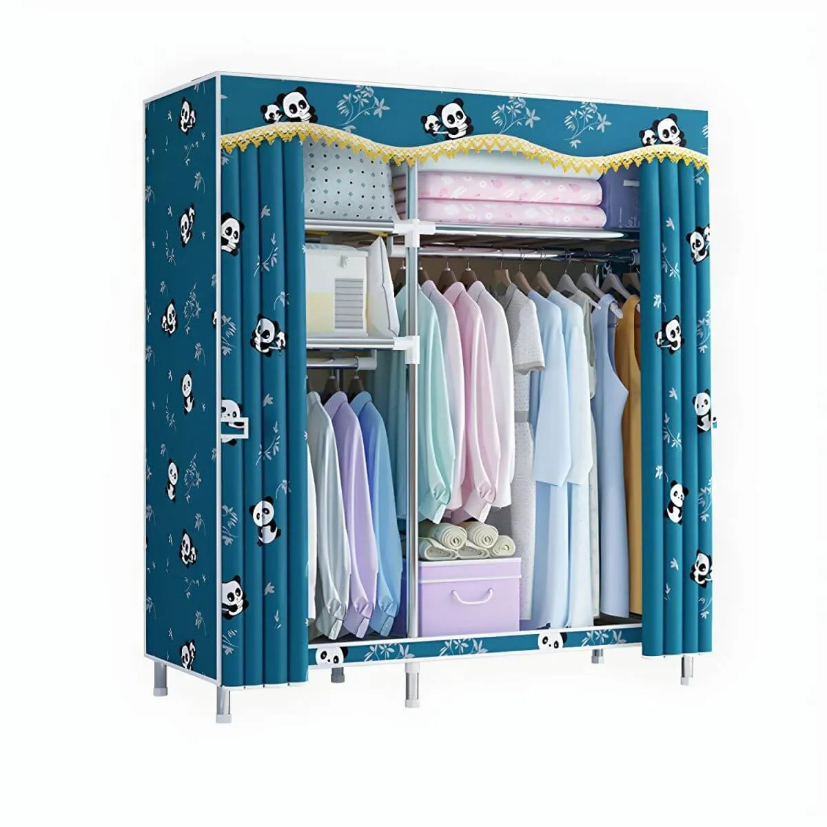 Patterned Fabric Cover Metal Wardrobe Armoire With Hanging Storage