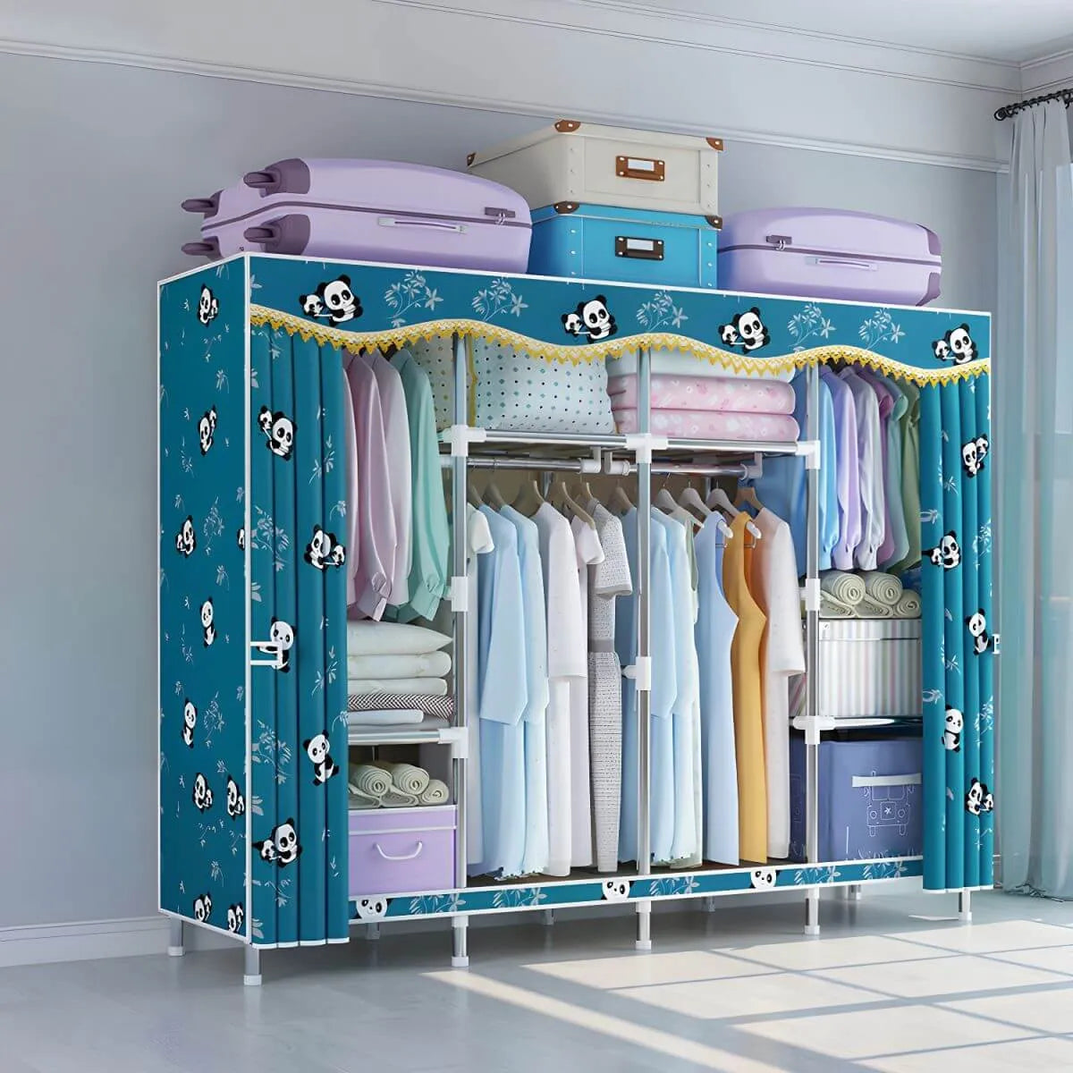 Patterned Fabric Cover Metal Wardrobe Armoire With Hanging Storage