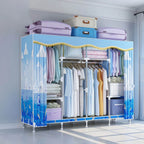 Patterned Fabric Cover Metal Wardrobe Armoire With Hanging Storage
