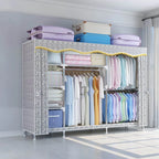 Patterned Fabric Cover Metal Wardrobe Armoire With Hanging Storage