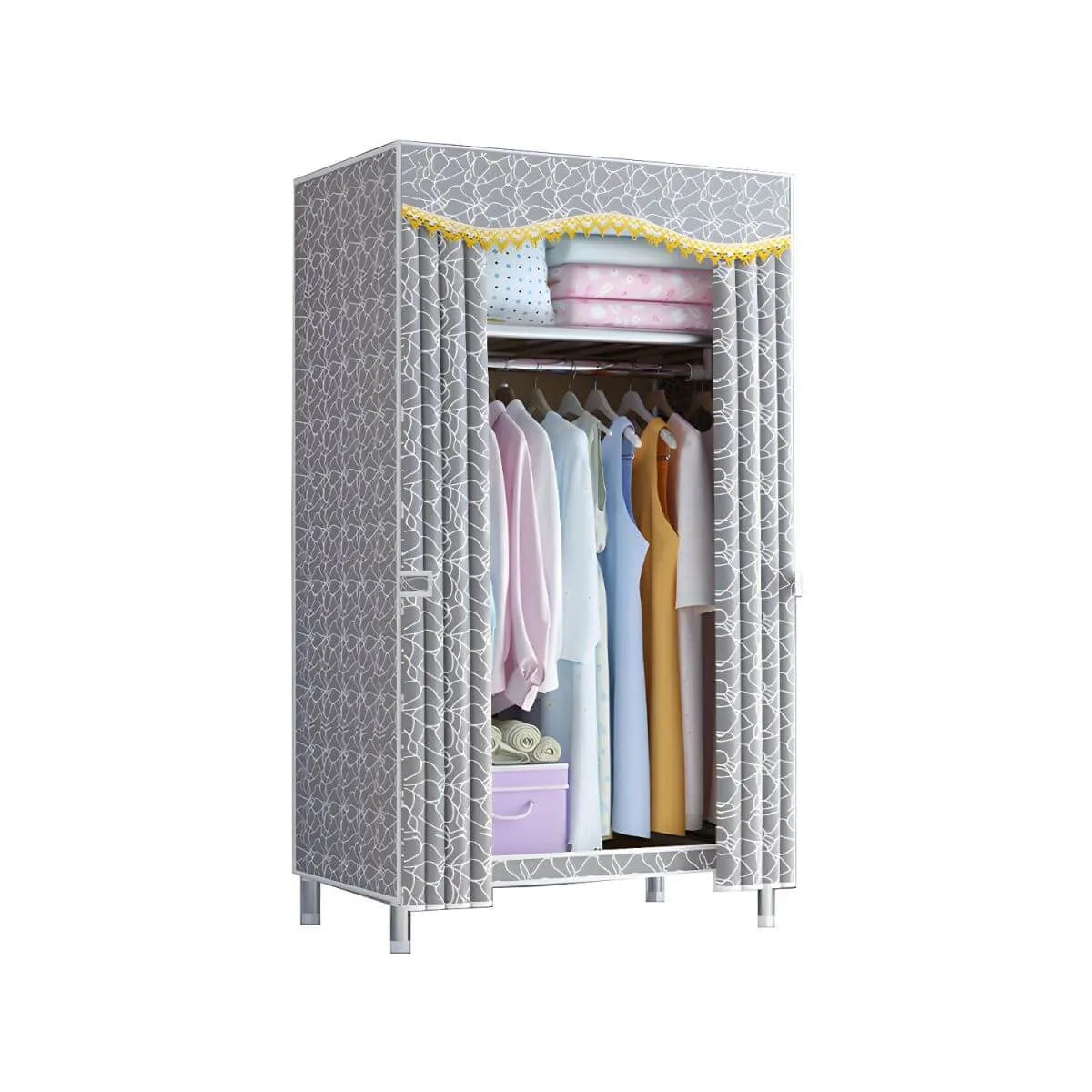 Patterned Fabric Cover Metal Wardrobe Armoire With Hanging Storage