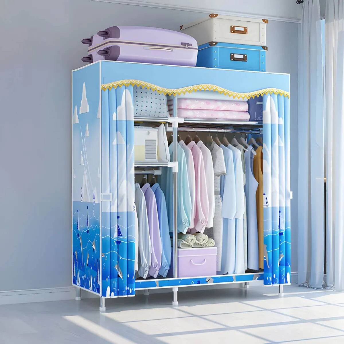 Patterned Fabric Cover Metal Wardrobe Armoire With Hanging Storage