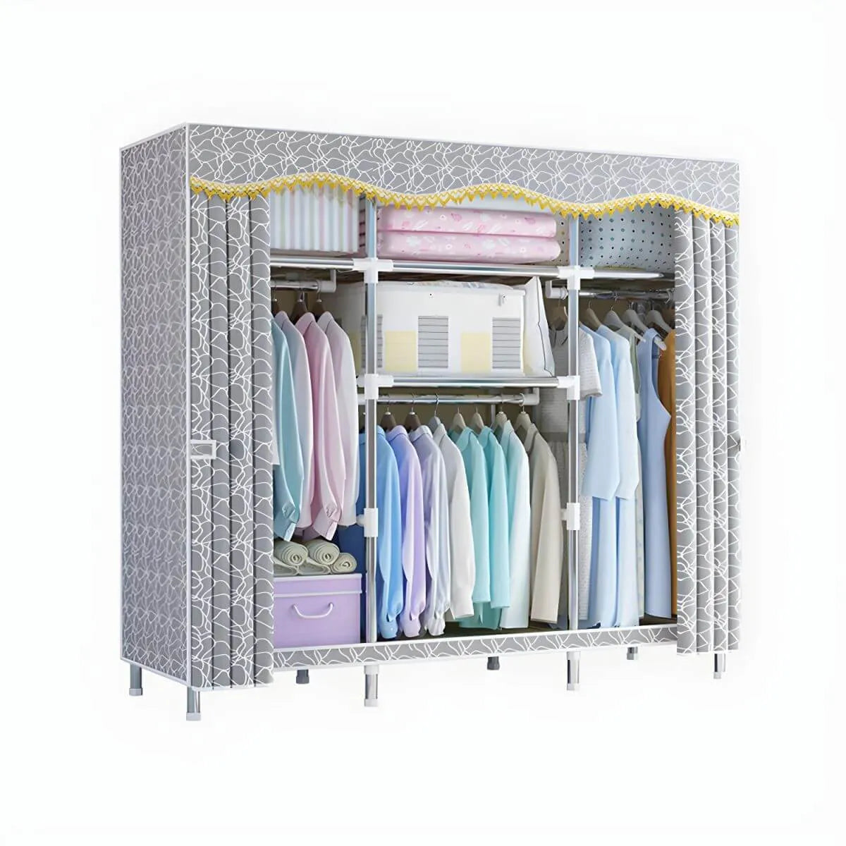 Patterned Fabric Cover Metal Wardrobe Armoire With Hanging Storage