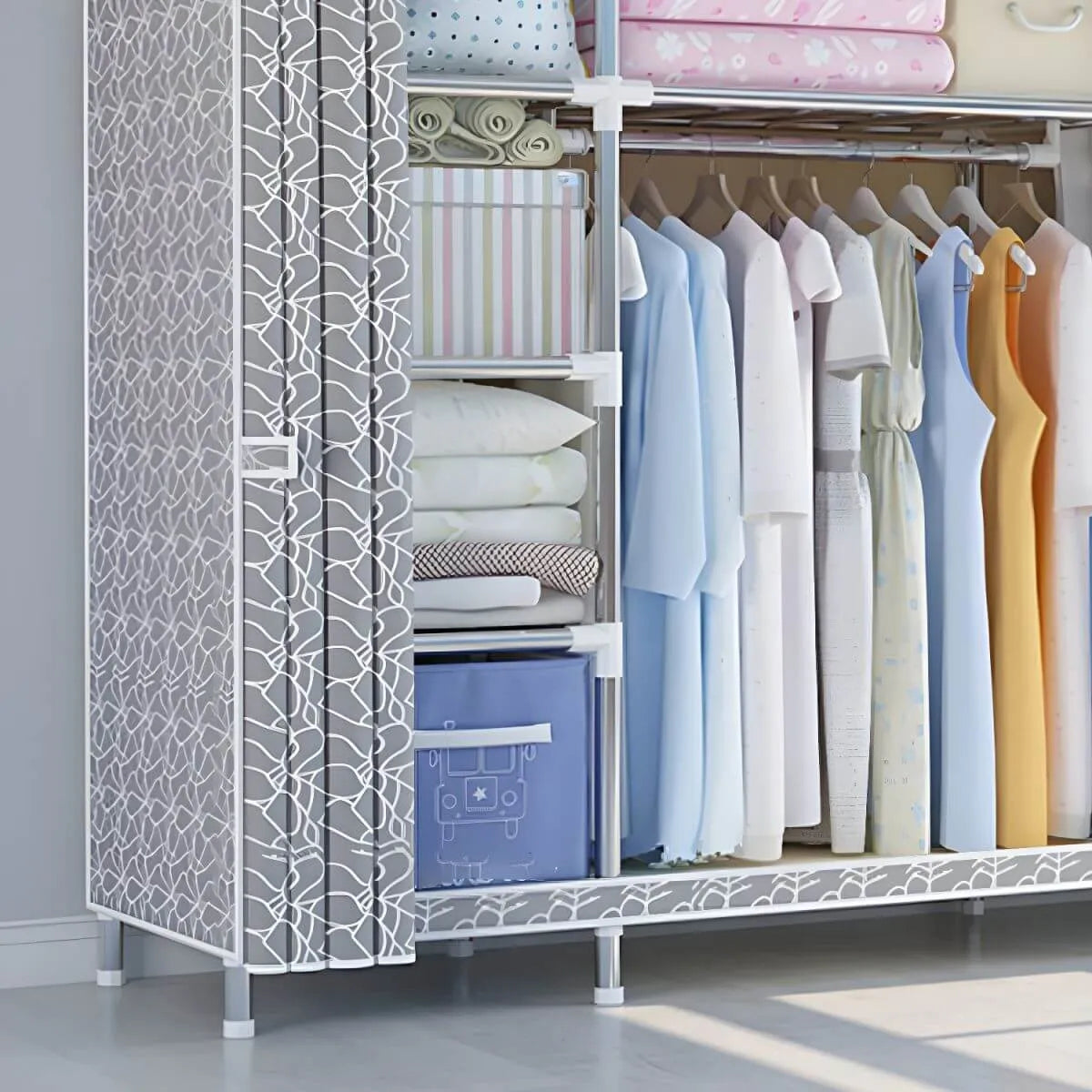 Patterned Fabric Cover Metal Wardrobe Armoire With Hanging Storage