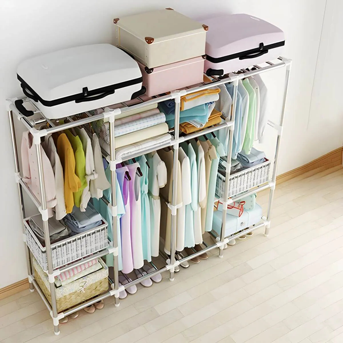 Patterned Fabric Cover Metal Wardrobe Armoire With Hanging Storage