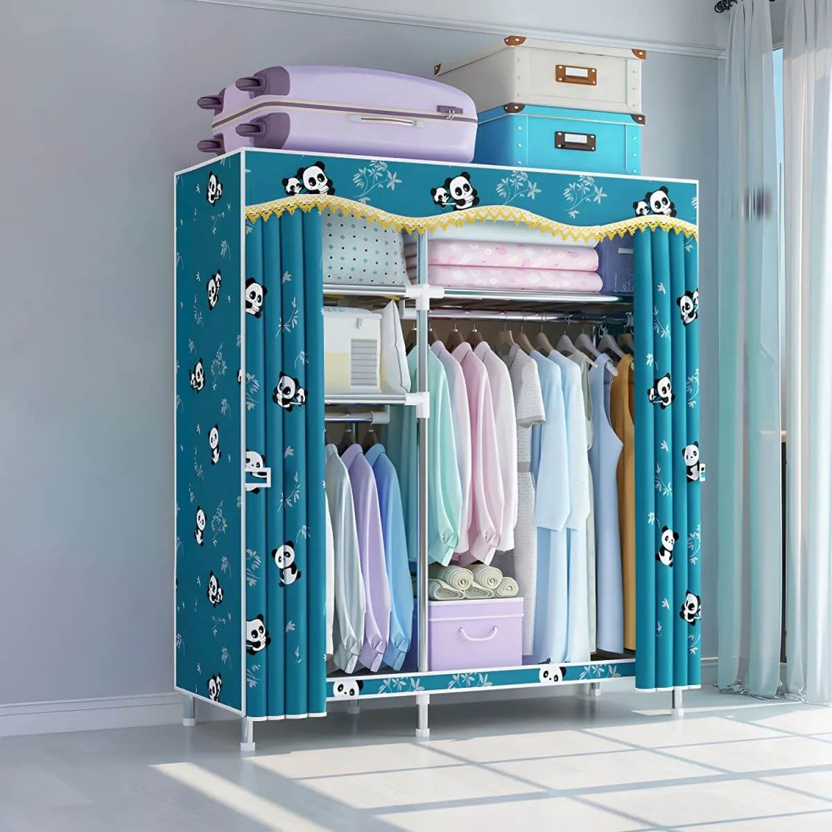 Patterned Fabric Cover Metal Wardrobe Armoire With Hanging Storage
