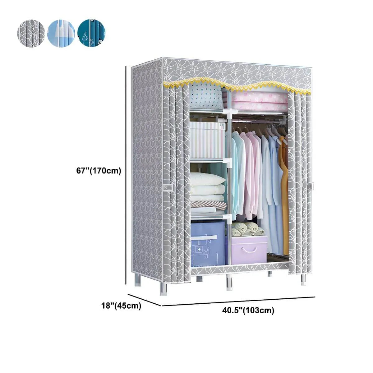 Patterned Fabric Cover Metal Wardrobe Armoire With Hanging Storage Dimensions