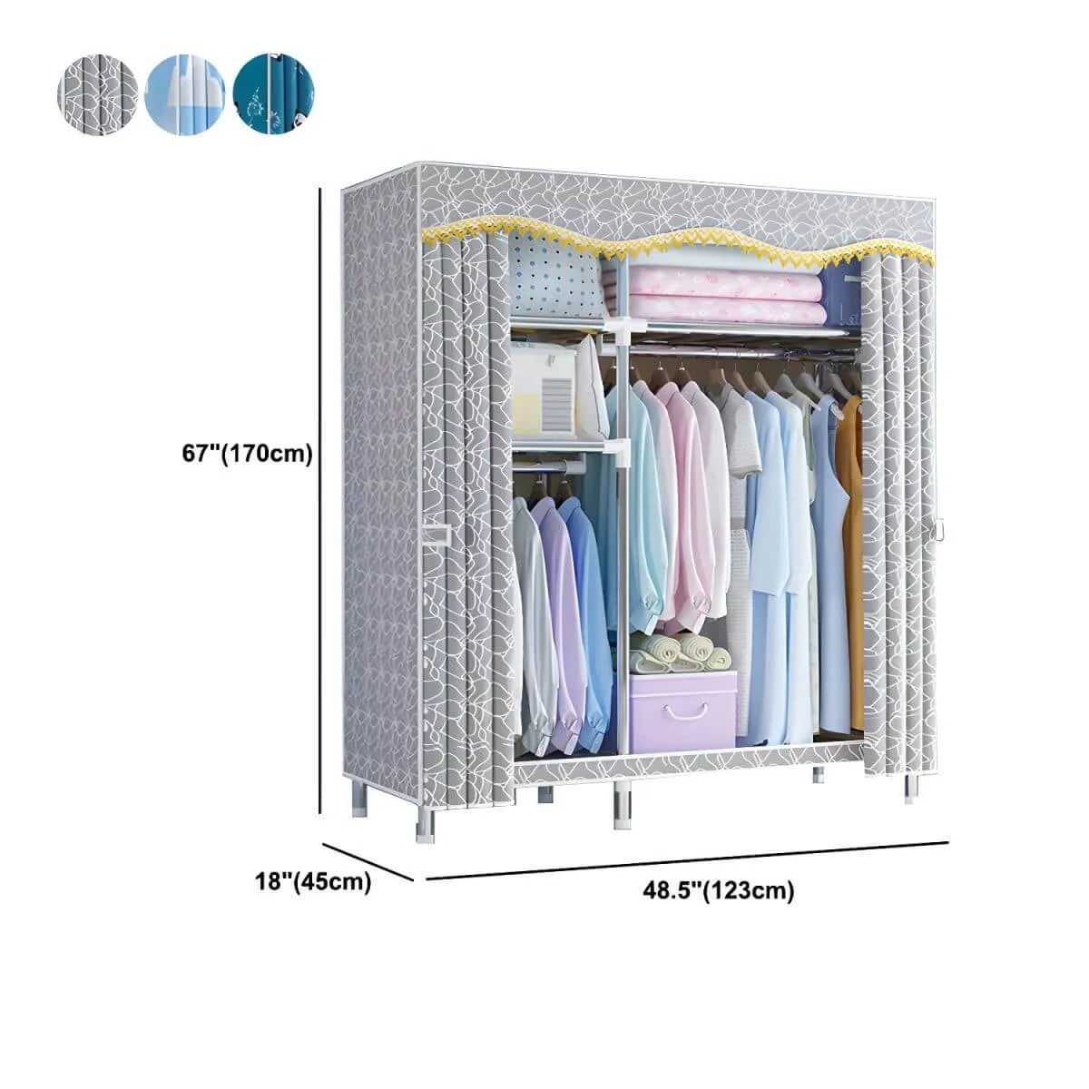 Patterned Fabric Cover Metal Wardrobe Armoire With Hanging Storage Dimensions