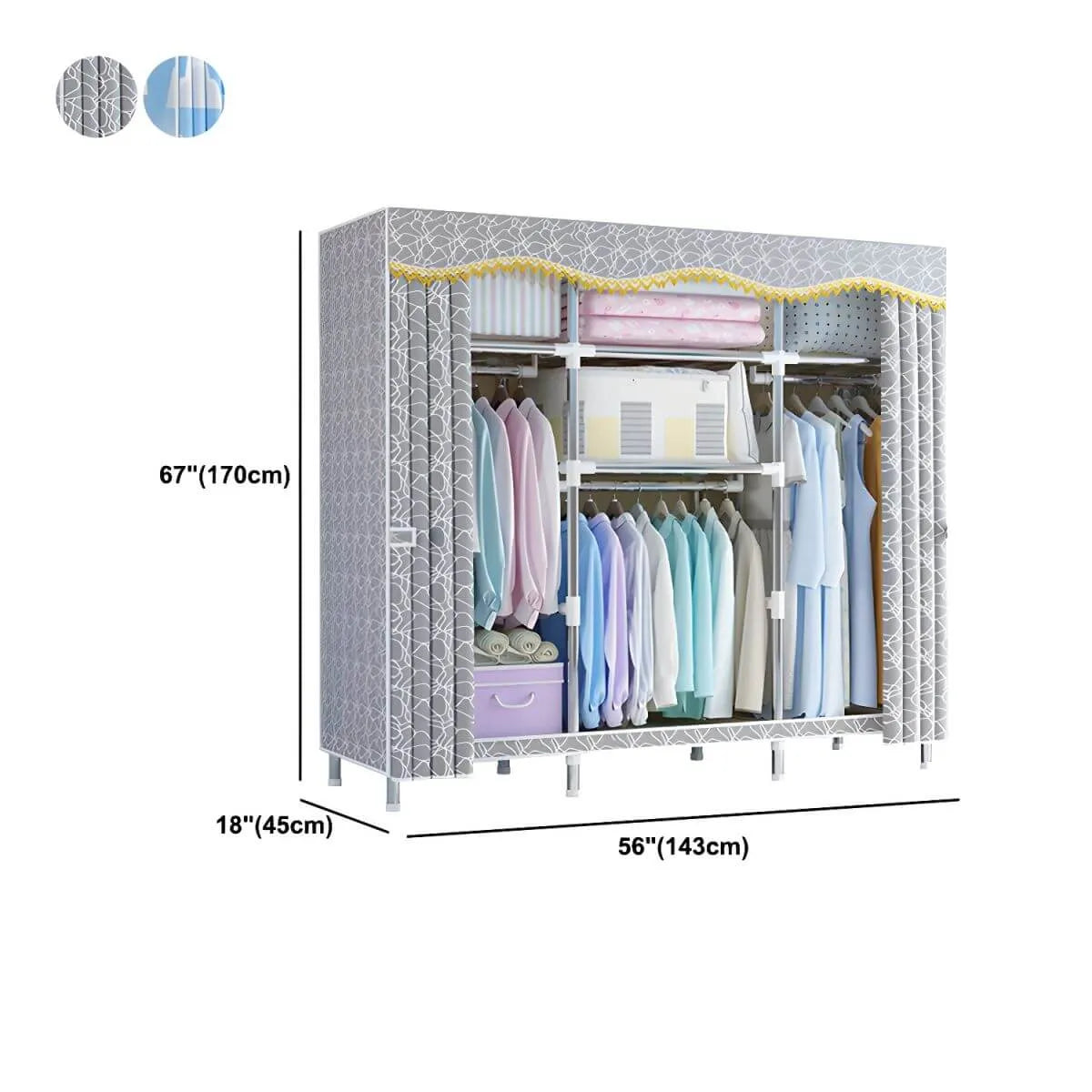 Patterned Fabric Cover Metal Wardrobe Armoire With Hanging Storage Dimensions
