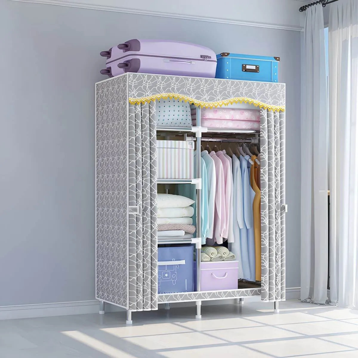 Patterned Fabric Cover Metal Wardrobe Armoire With Hanging Storage Main Product Image