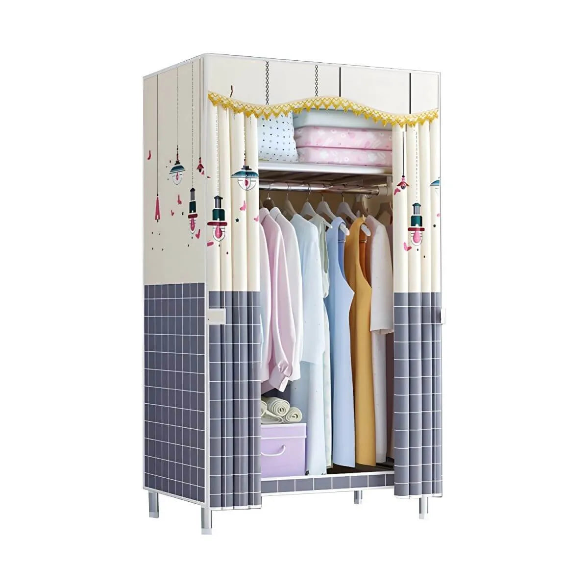 Patterned Fabric Curtain Metal Wardrobe With Shelves And Rod