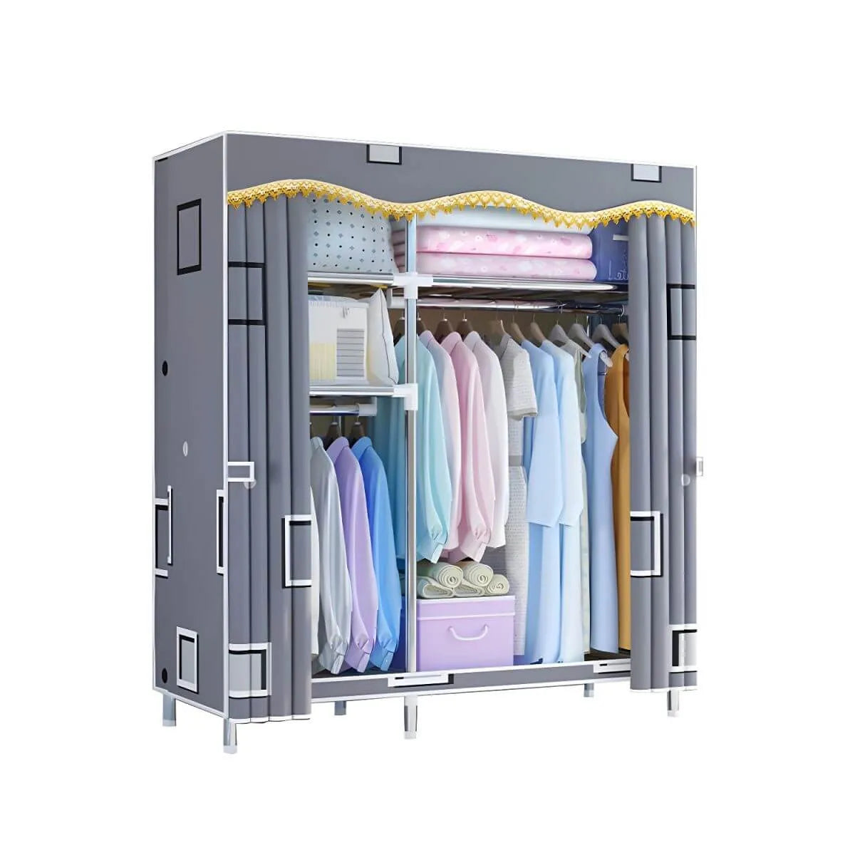 Patterned Fabric Curtain Metal Wardrobe With Shelves And Rod